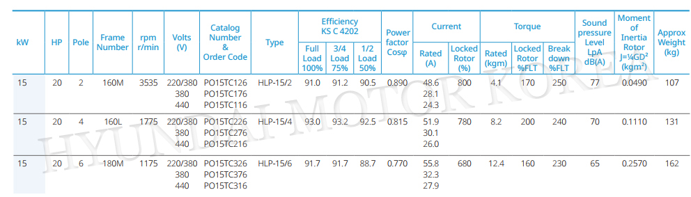 HYUNDAI ELECTRIC MOTOR 15KW DATASHEET