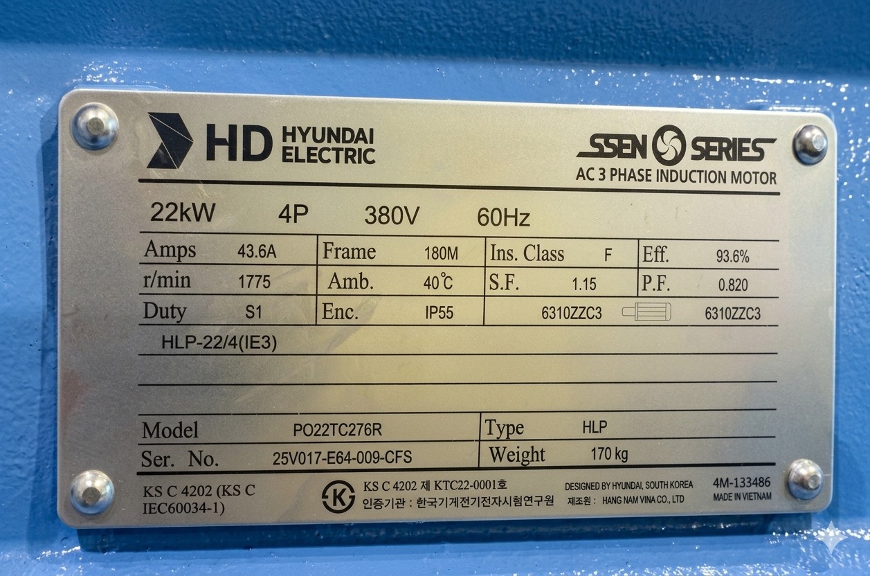 전동기 정격 전류 43.6A 22kW 4P 380V IE3 현대일렉트릭 전동기 명판 사진 프레임 180M IP55 사양